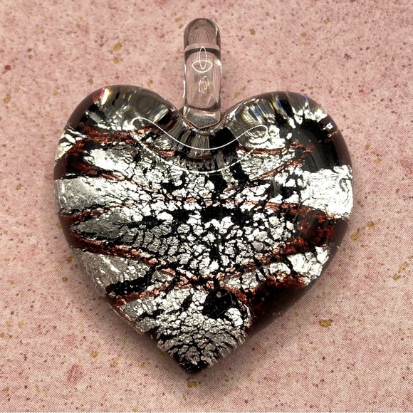 Art Glass Heart Pendant Black Silver With Glass Bail For Necklace - Picture 3 of 4